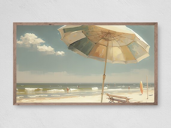 Vintage Beach Umbrella Shore Waves Painterly Summer Travel Poster