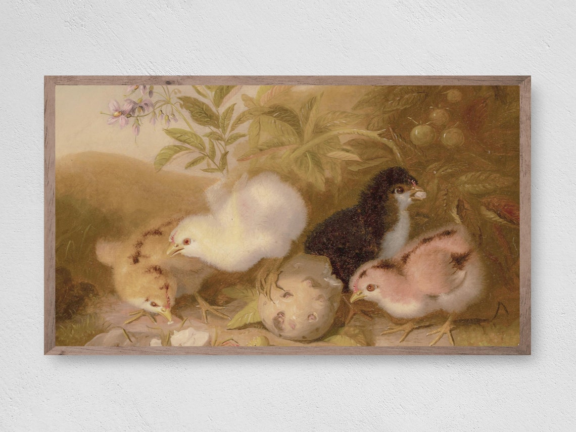 Vintage Baby Chicks Garden Oil Painting Spring Easter Art Print