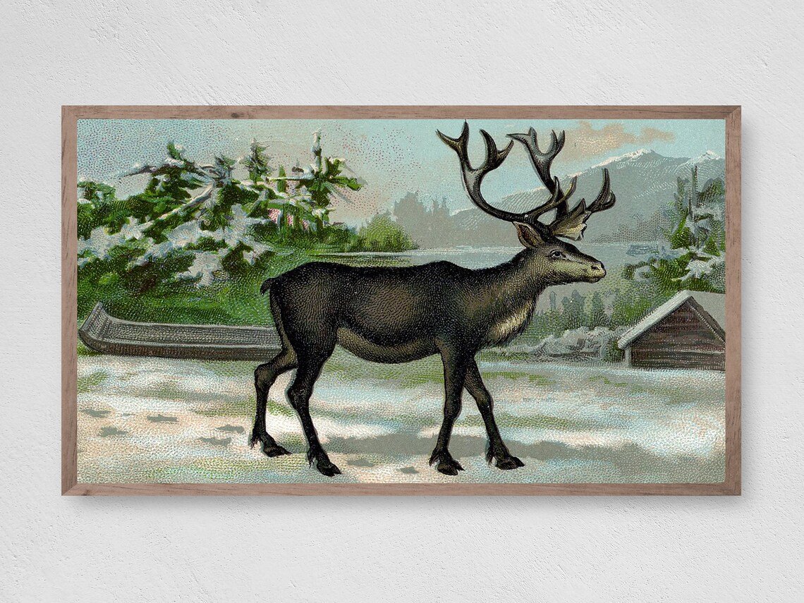 Vintage Reindeer with Sled in Snowy Winter Scene Retro Art Print
