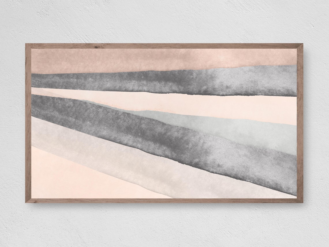 Gray Beige Diagonal Watercolor Stripes Modern Abstract Wall Art