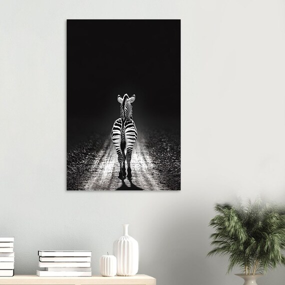 Zebra Walking Away On Dark Road Black White Photo Art Poster