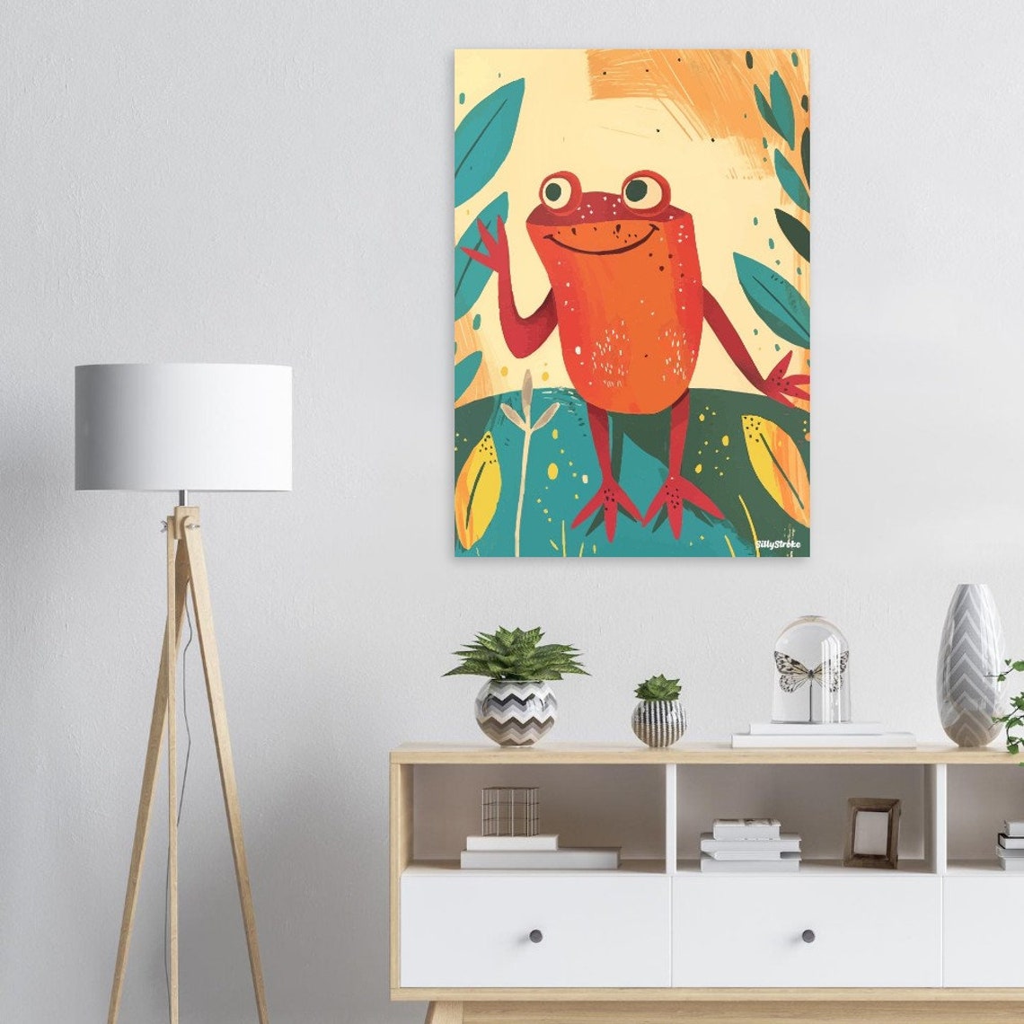 Smiling Orange Frog Waving Tropical Leaves Kids Room Wall Poster