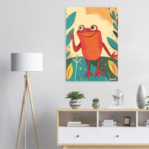 Smiling Orange Frog Waving Tropical Leaves Kids Room Wall Poster
