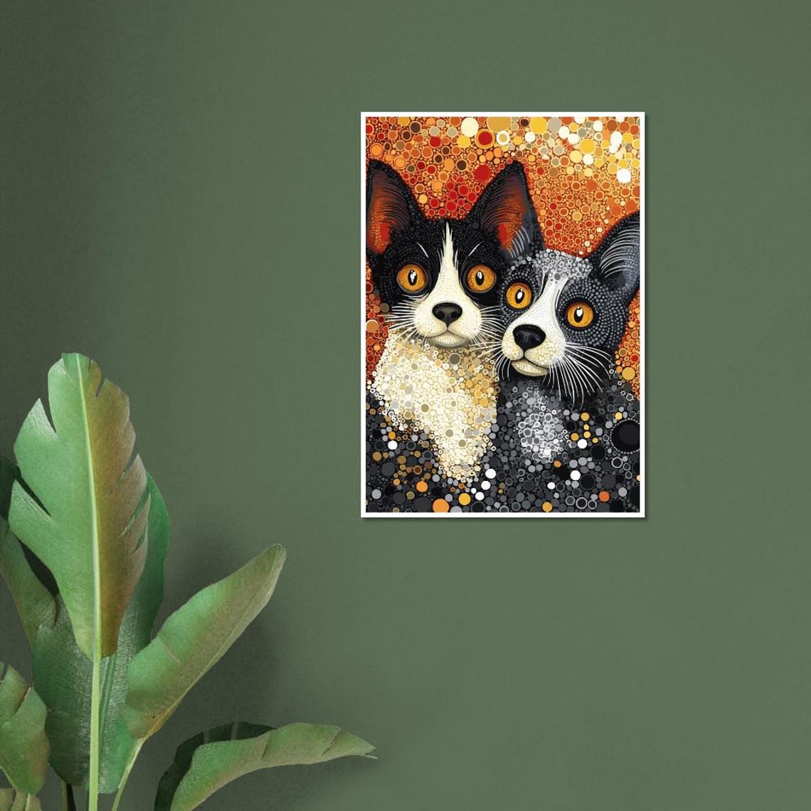 Two Cute Cats In A Warm Golden Dot Art Mosaic Portrait Poster - Image 2