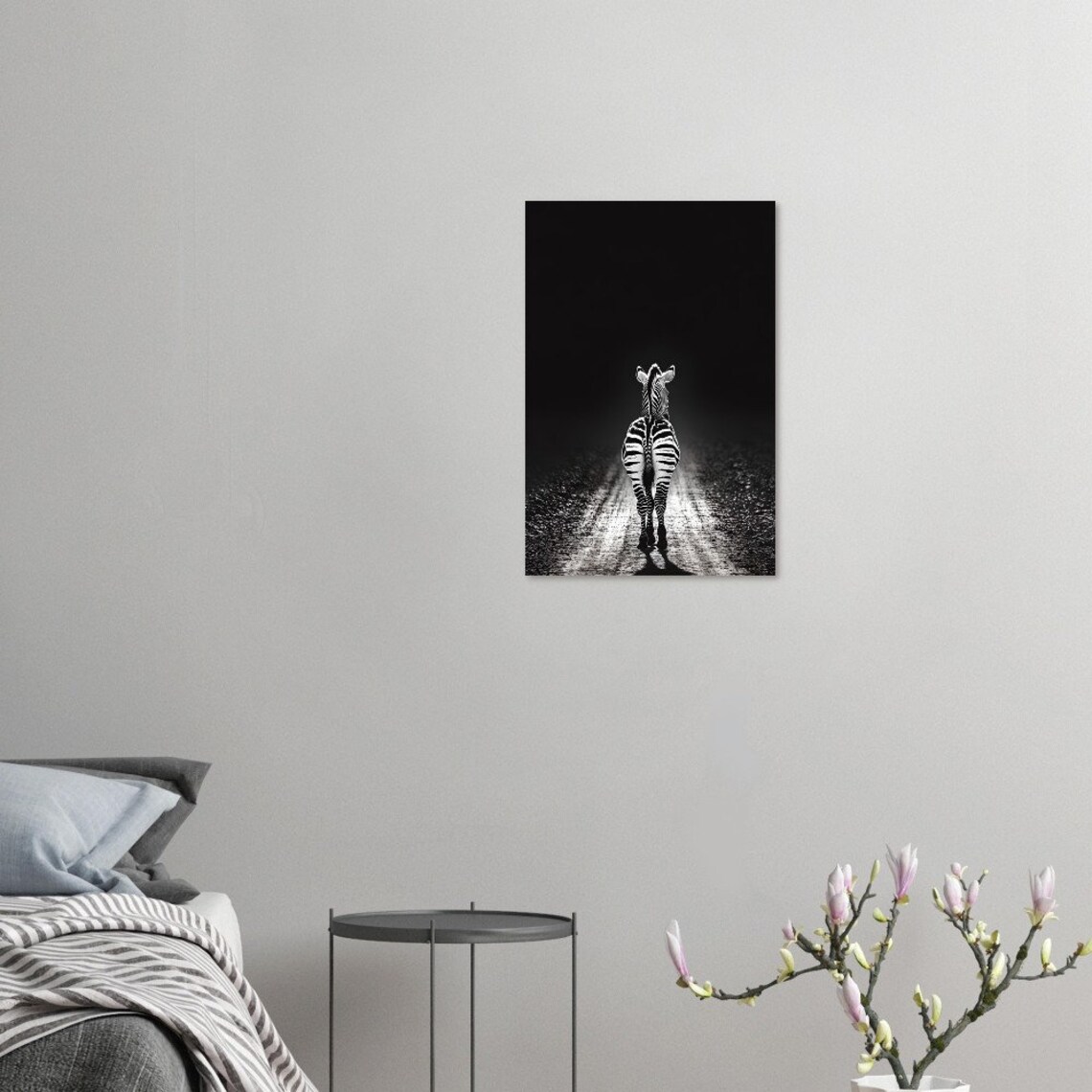 Zebra Walking Away On Dark Road Black White Photo Art Poster - Image 3
