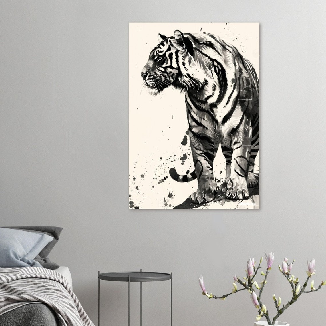 Monochrome Black Ink Tiger Striding Forward Illustration Poster - Image 2