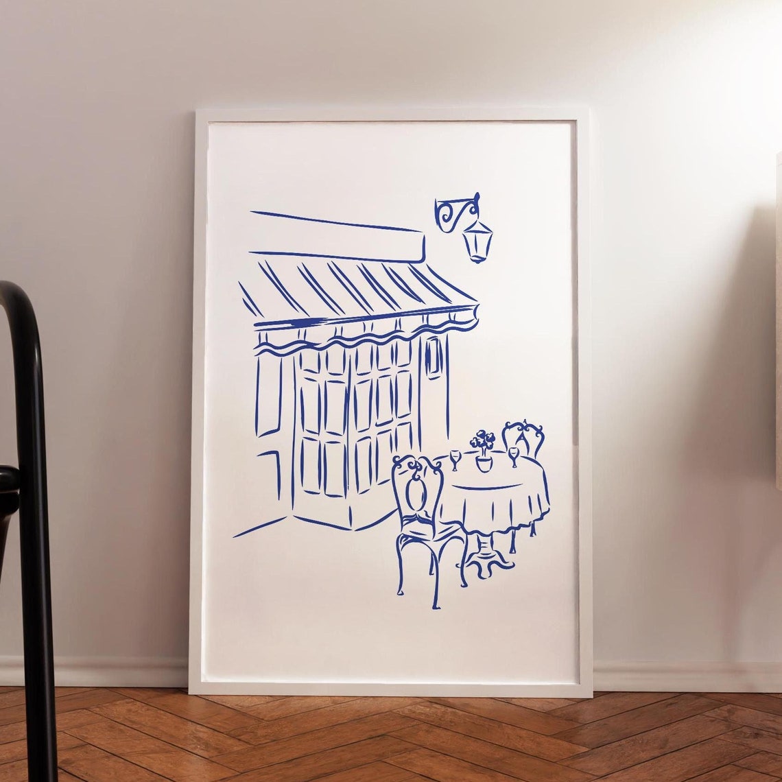French Bistro Cafe Storefront Blue Line Sketch Kitchen Wall Poster