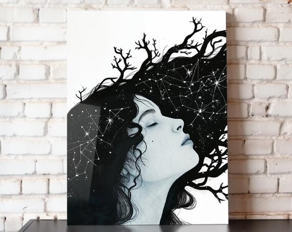 Celestial Woman Constellation Hair Stars Minimalist Astrology Art Poster