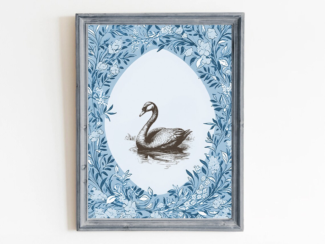 Swan Vintage Print, Nursery Decor Floral Art