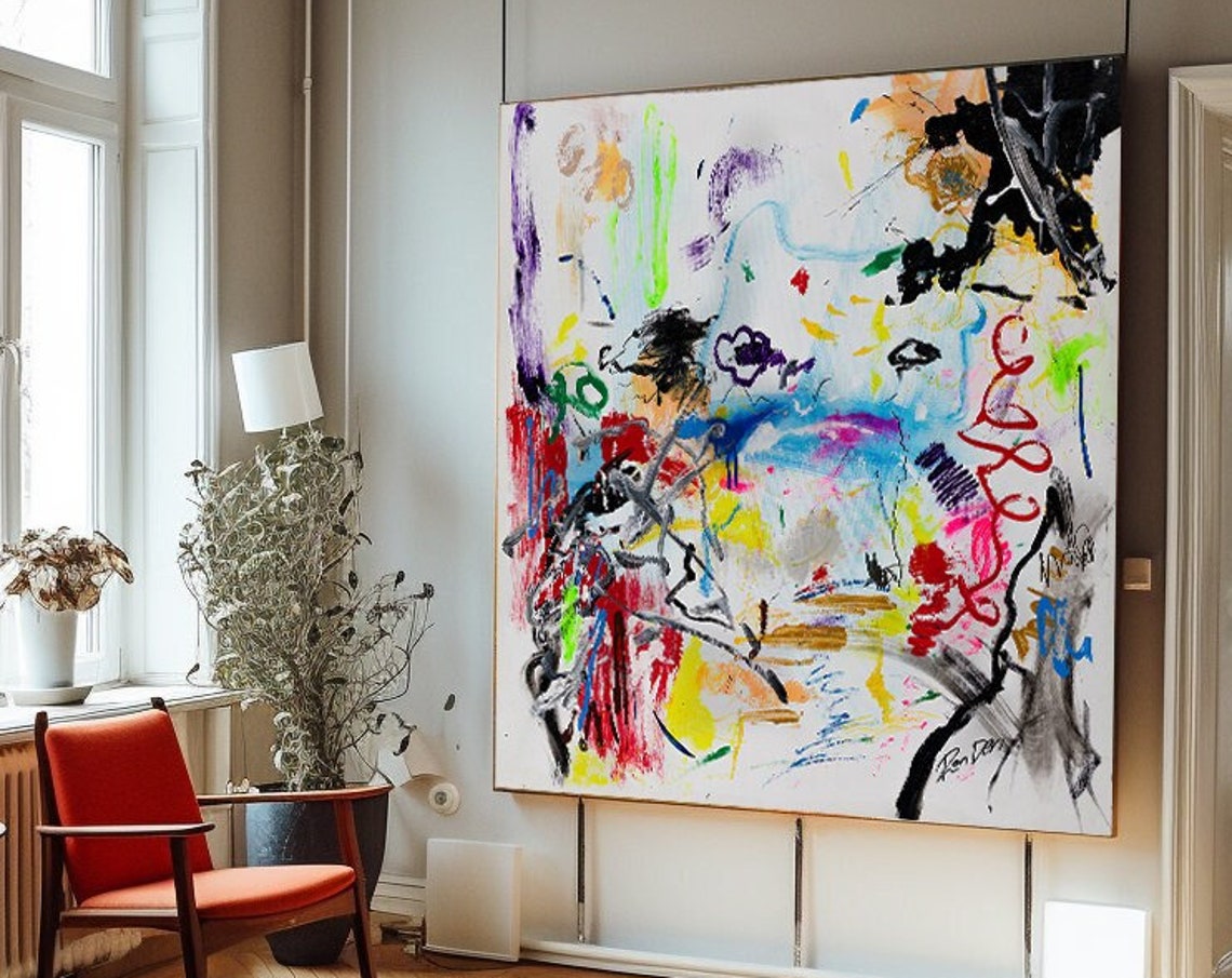 Colorful Chaotic Brushstroke Abstract on White Modern Art Poster