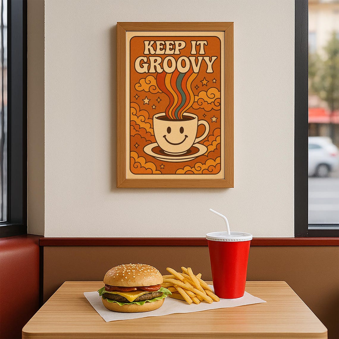Keep It Groovy Retro 70s Smiley Coffee Cup Steam Rainbow Poster - Image 4