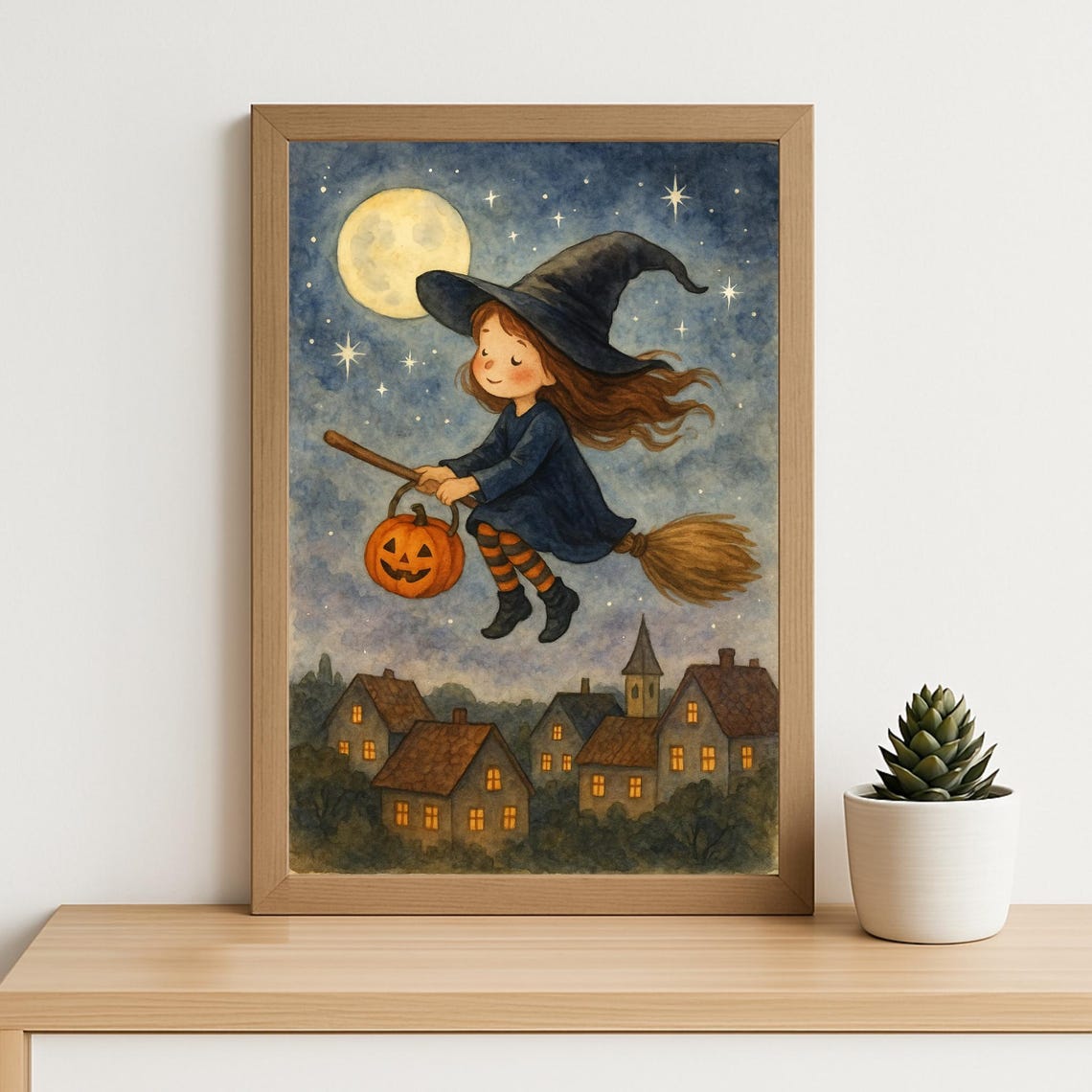 Cute Witch Flying Over Village Halloween Watercolor Night Print