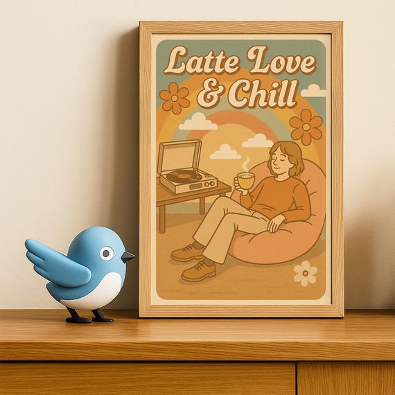 Latte Love And Chill Retro Coffee Poster 70s Groovy Wall Art For Cafe Music Lounge Lovers Cozy Kitchen Decor Print