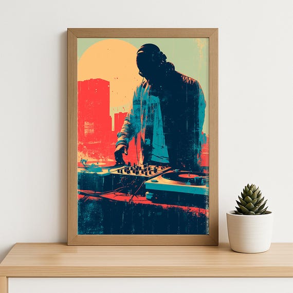 Dj Retro Urban Print Grunge Style Turntable Wall Art With Cityscape Sun In Bold Red And Teal For Music Lovers Studio Decor
