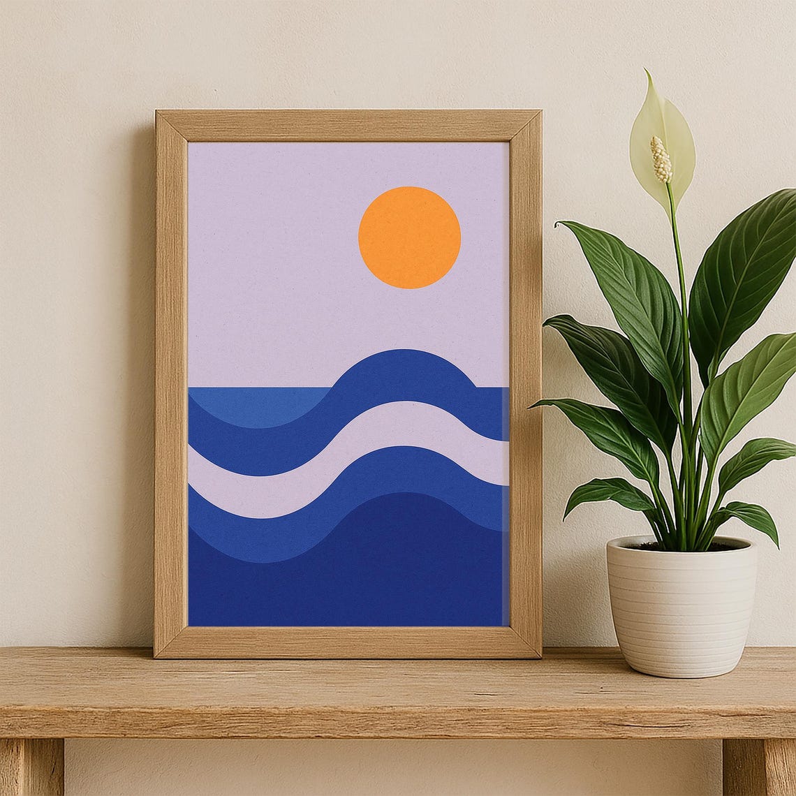 Modern Abstract Ocean Geometric Blue Waves Orange Sun Poster - Image 3