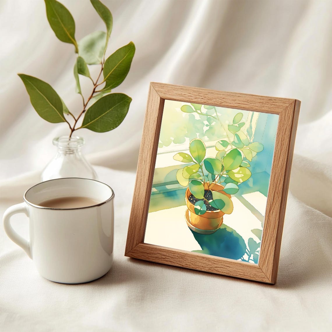 Green Leaf Plant Pot Near The Window, Watercolor - Image 4