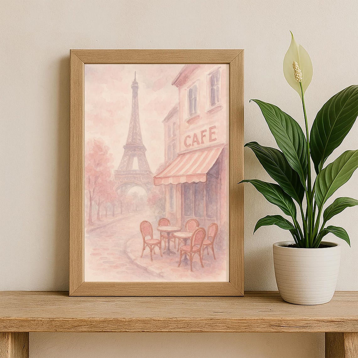 Paris Cafe With Eiffel Tower Romantic Pink Watercolor French Poster - Image 3