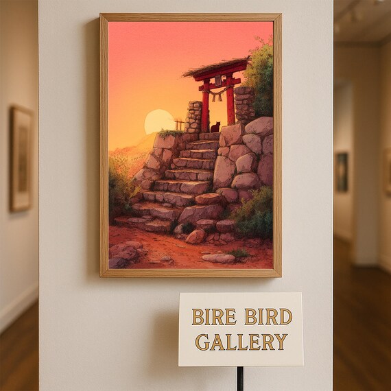 Japanese Shrine Sunset Red Torii Gate With Cat on Stone Steps Poster