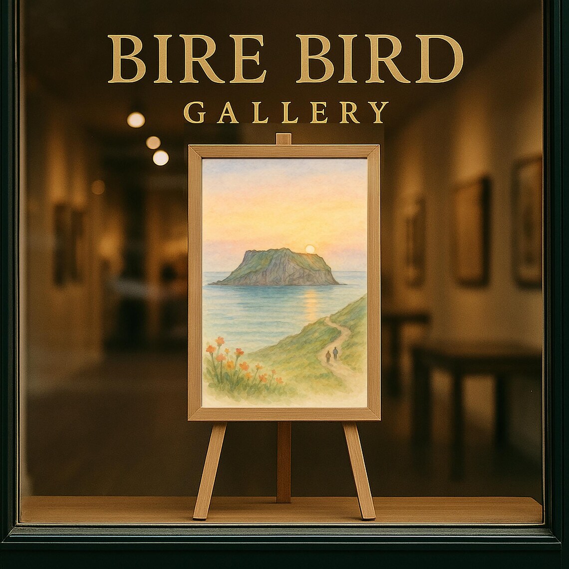 Sunrise Over Rocky Island Coast With Two Walkers Watercolor Poster - Image 5