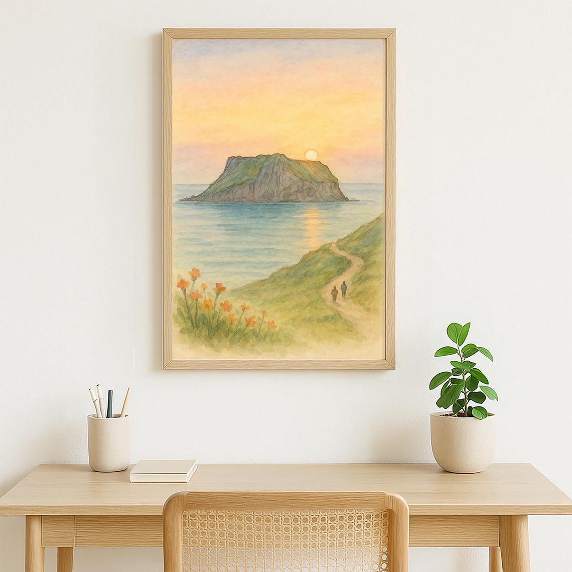Sunrise Over Rocky Island Coast With Two Walkers Watercolor Poster - Image 2