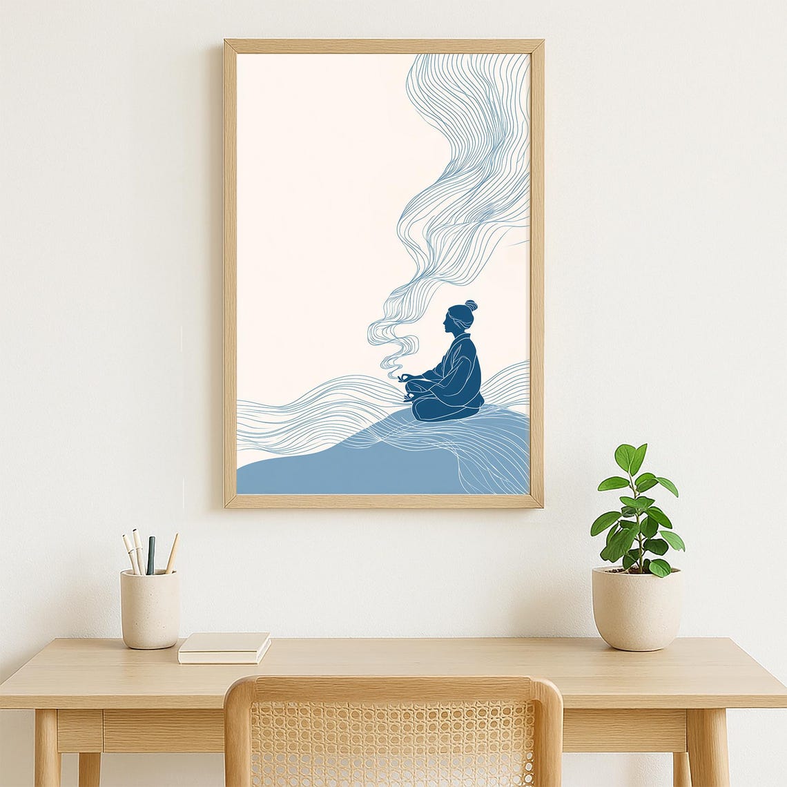 Meditating Figure Blue Ocean Waves Flowing Mindfulness Art Poster - Image 3