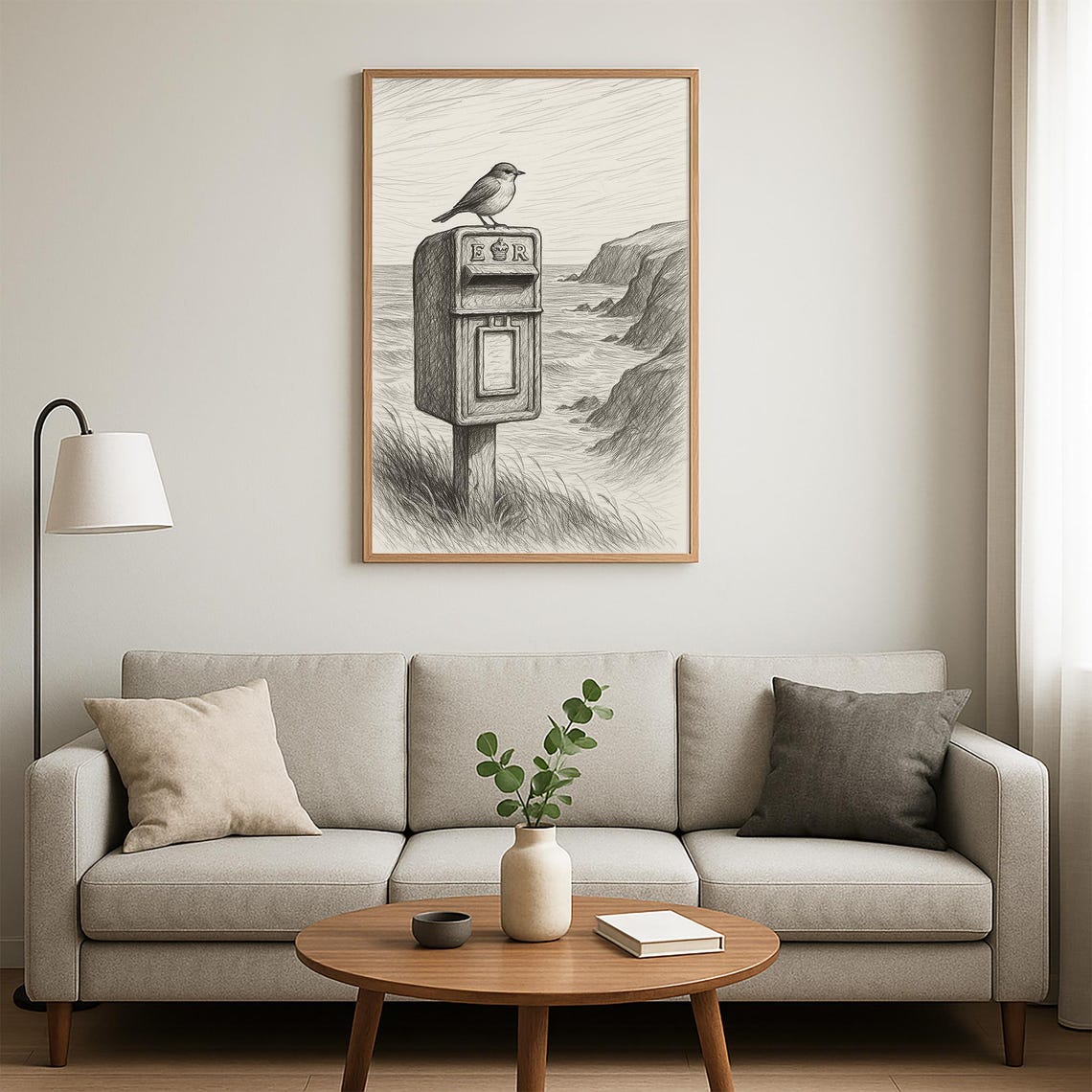 Bird on Postbox Sea Cliffs Pencil Sketch Coastal Drawing Poster - Image 4