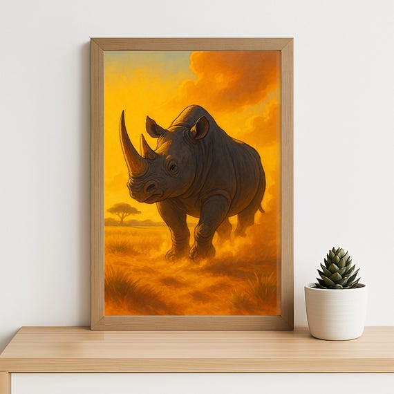 African Rhino Watercolor Print Majestic Wildlife Wall Art Safari Animal Illustration Sunset Savannah Decor Endangered Species Poster