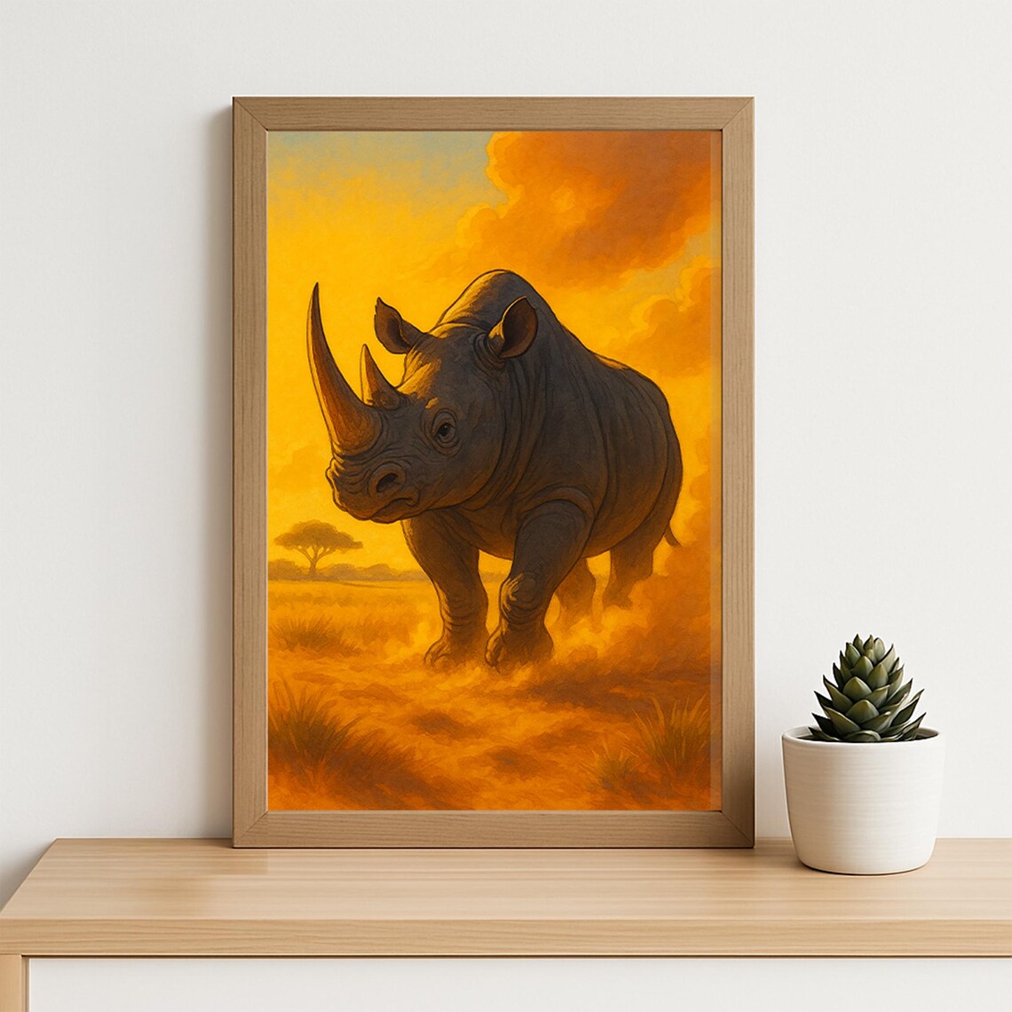 Majestic Rhino at Sunset Poster Golden African Savanna Wildlife Art