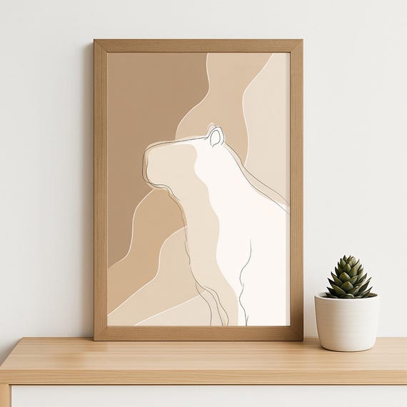 Minimalist Line Art Capybara Print Abstract Neutral Animal Wall Beige Tan Modern Poster Scandinavian Nursery Or Living Room Decor