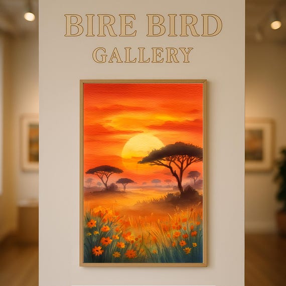 African Savannah Sunset Watercolor Print Warm Acacia Tree Landscape Art Golden Hour Nature Vall Decor Safari Style Home Poster