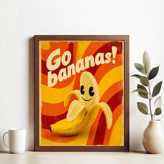 Retro Go Bananas 70s Groovy Smiling Banana Kitchen Art Poster