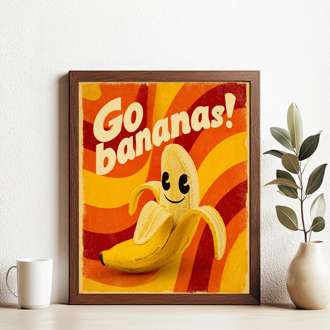 Retro Go Bananas 70s Groovy Smiling Banana Kitchen Art Poster