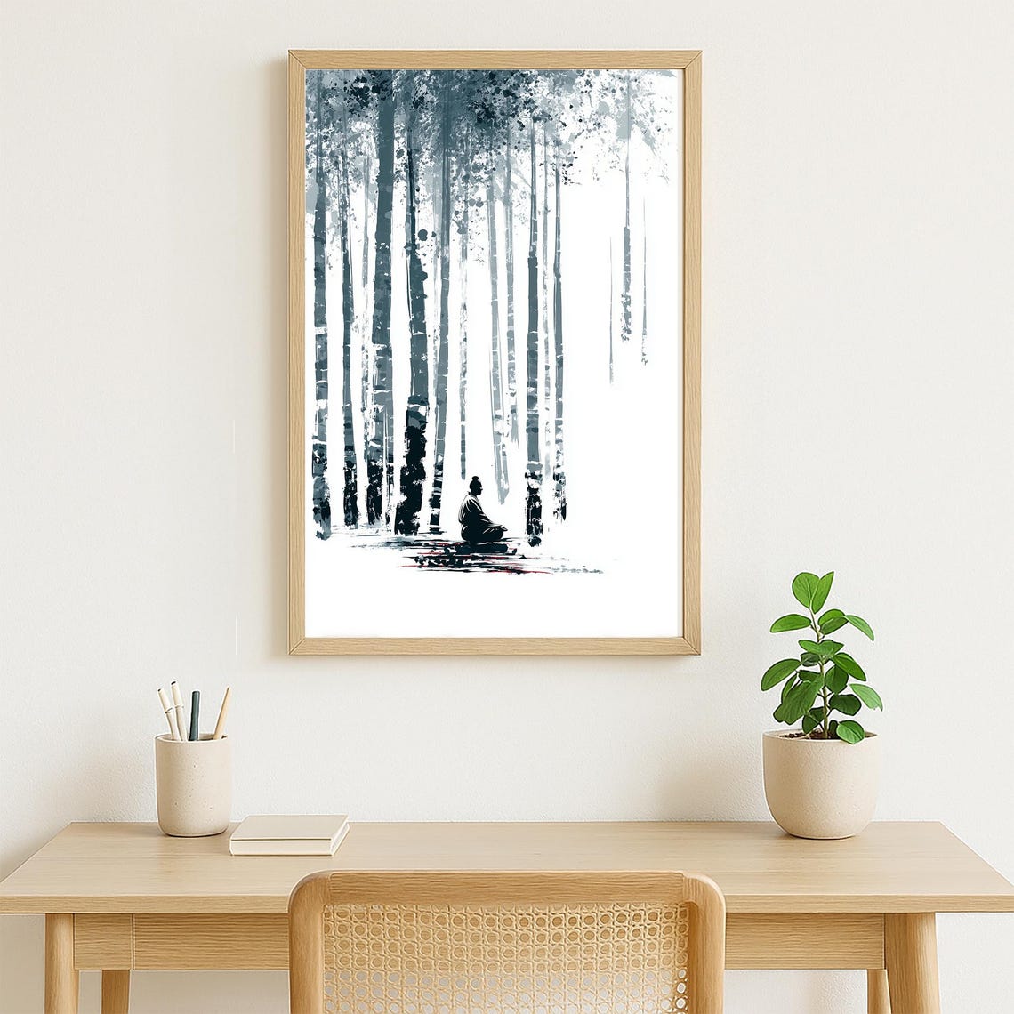 Meditating Figure Bamboo Forest Ink Wash Zen Minimalist Poster - Image 3