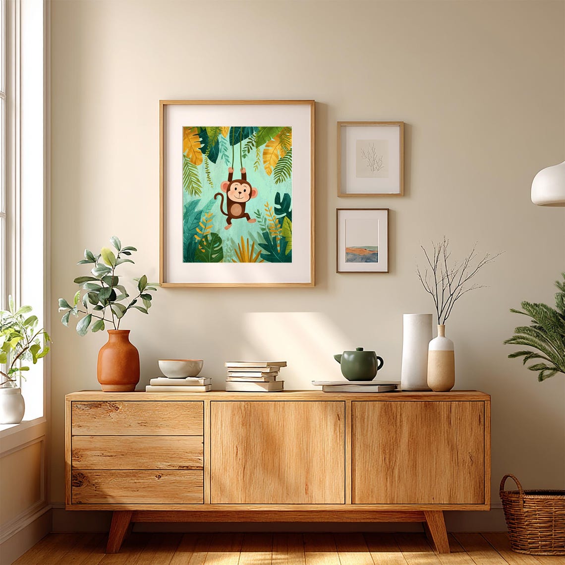 Cute Cartoon Monkey Swinging in a Tropical Jungle Nursery Poster - Image 2