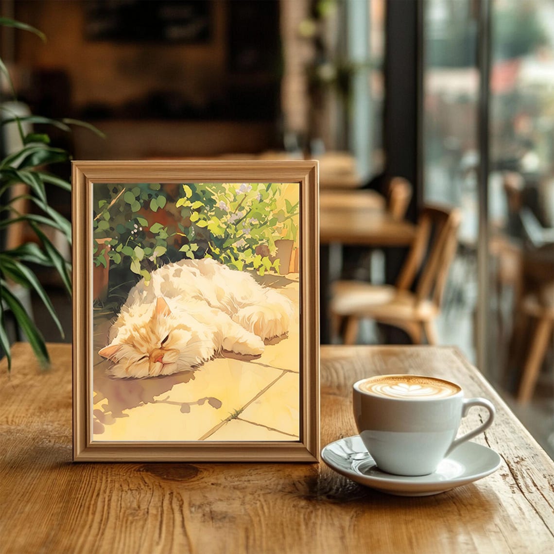 Sleeping Fluffy White Cat Sunlit Garden Watercolor Pet Wall Art - Image 2