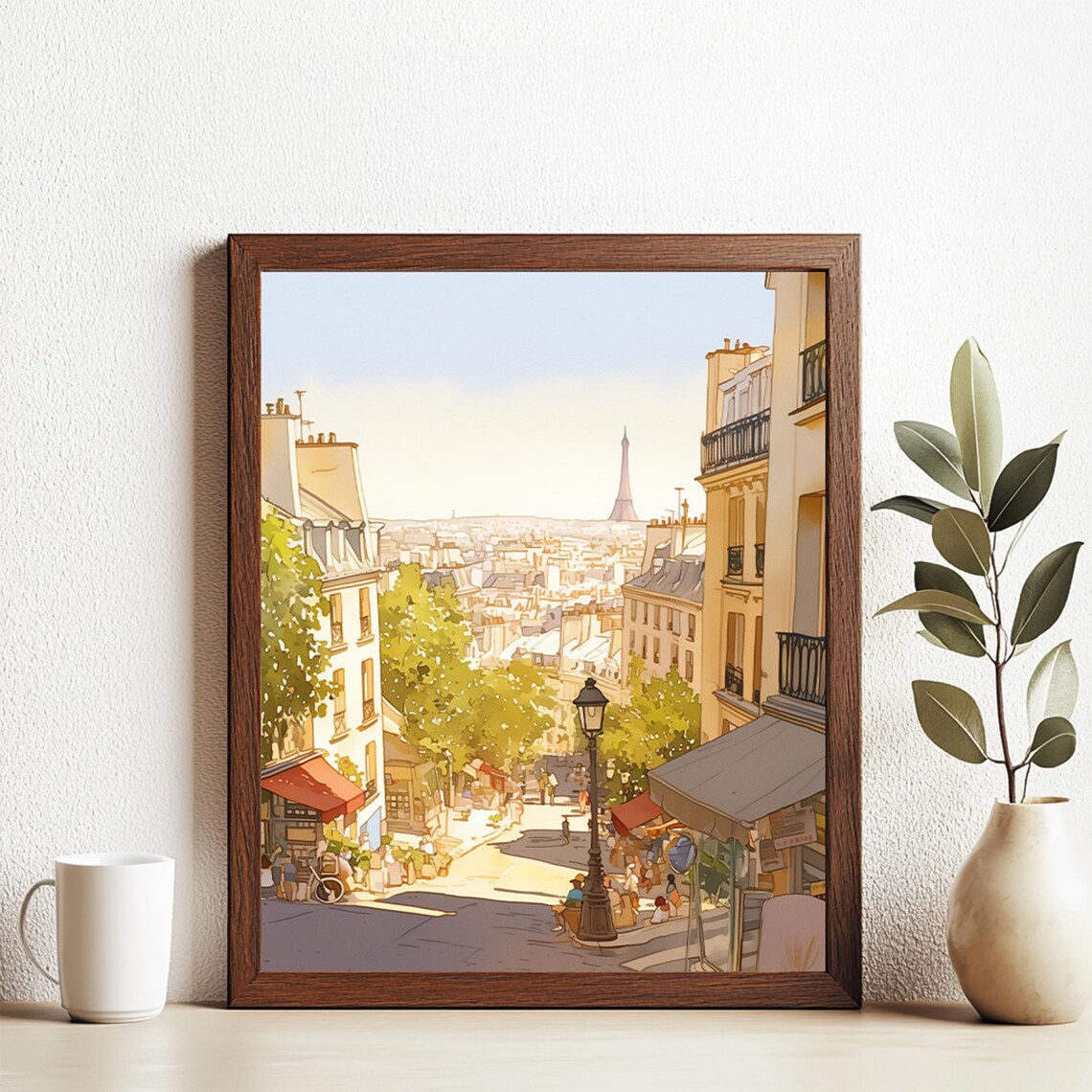 Paris Montmartre Street Eiffel Tower View Watercolor City Poster