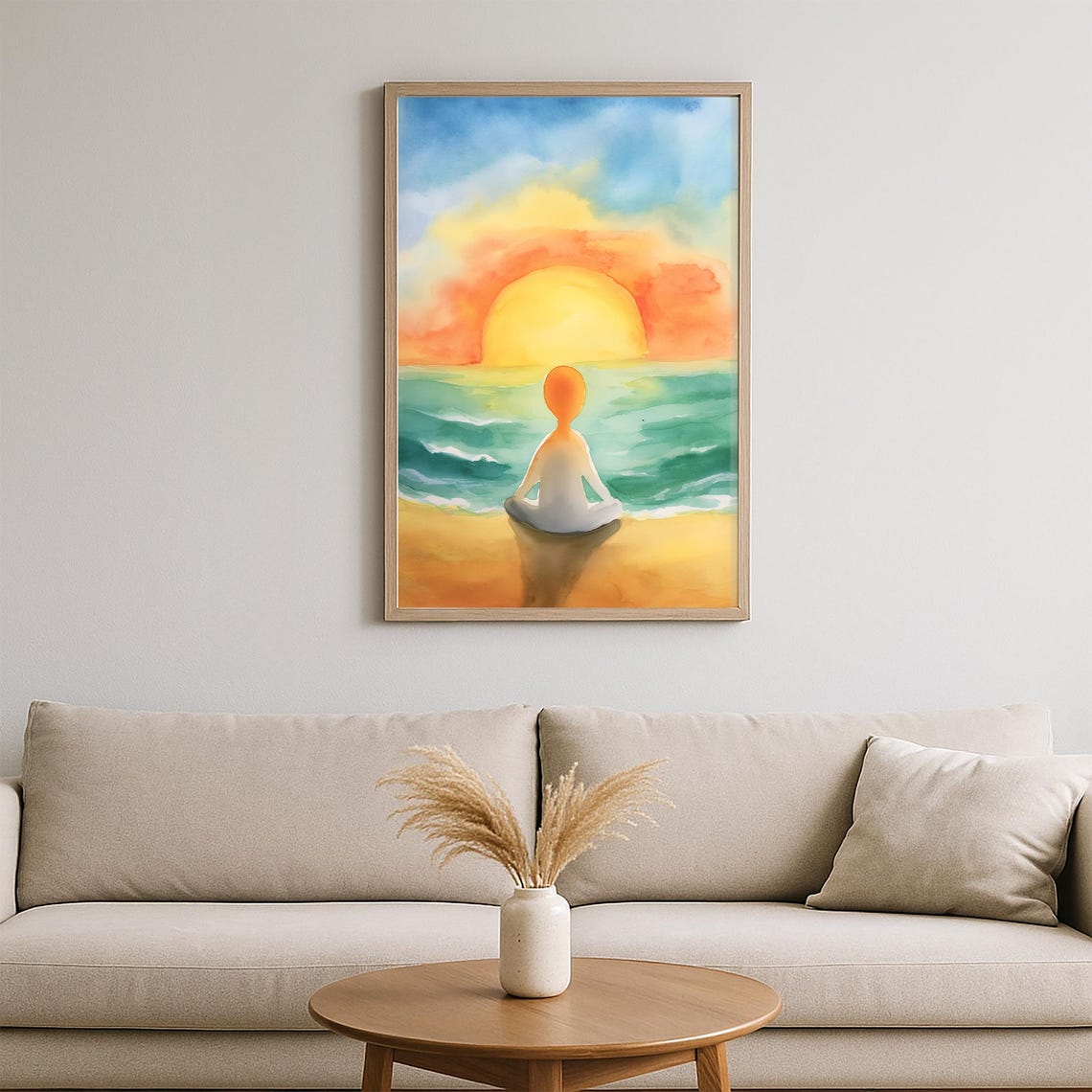 Woman Meditating On Beach At Sunset Watercolor Ocean Yoga Poster - Image 2
