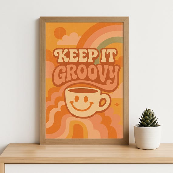 Keep It Groovy Retro Poster 70s Vintage Coffee Quote Wall Art Smiley Face Cup Print Funky Boho Typography For Kitchen Or Office