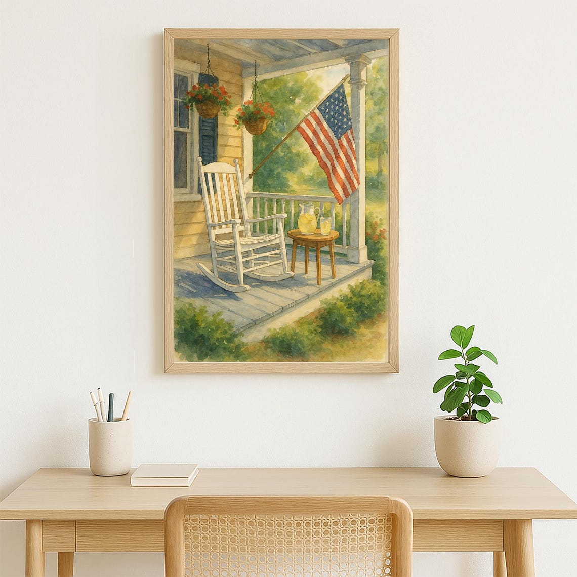 Rustic Front Porch With American Flag Rocking Chair Summer Poster - Image 3