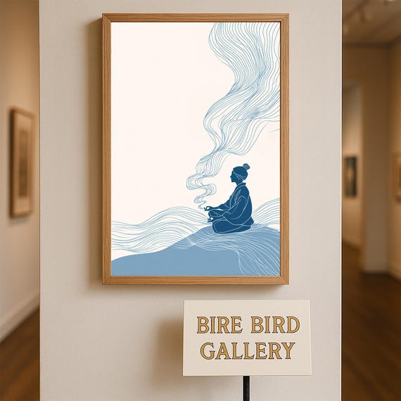 Zen Minimalist Line Art Of Meditating Woman With Energy Flow Tranquil Blue Yoga Wall Print For Wellness Boho Or Meditation Space