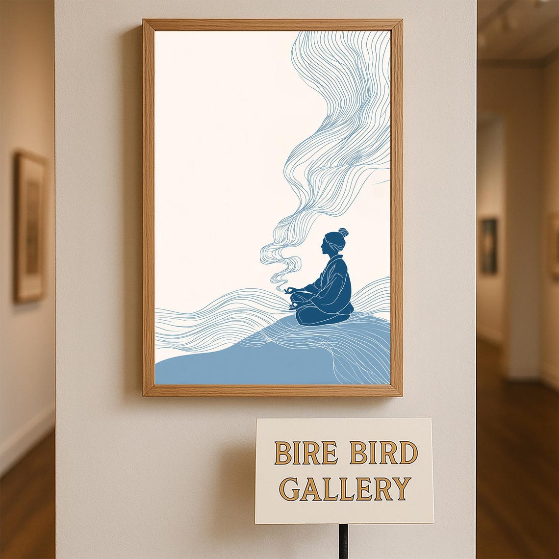 Meditating Figure Blue Ocean Waves Flowing Mindfulness Art Poster