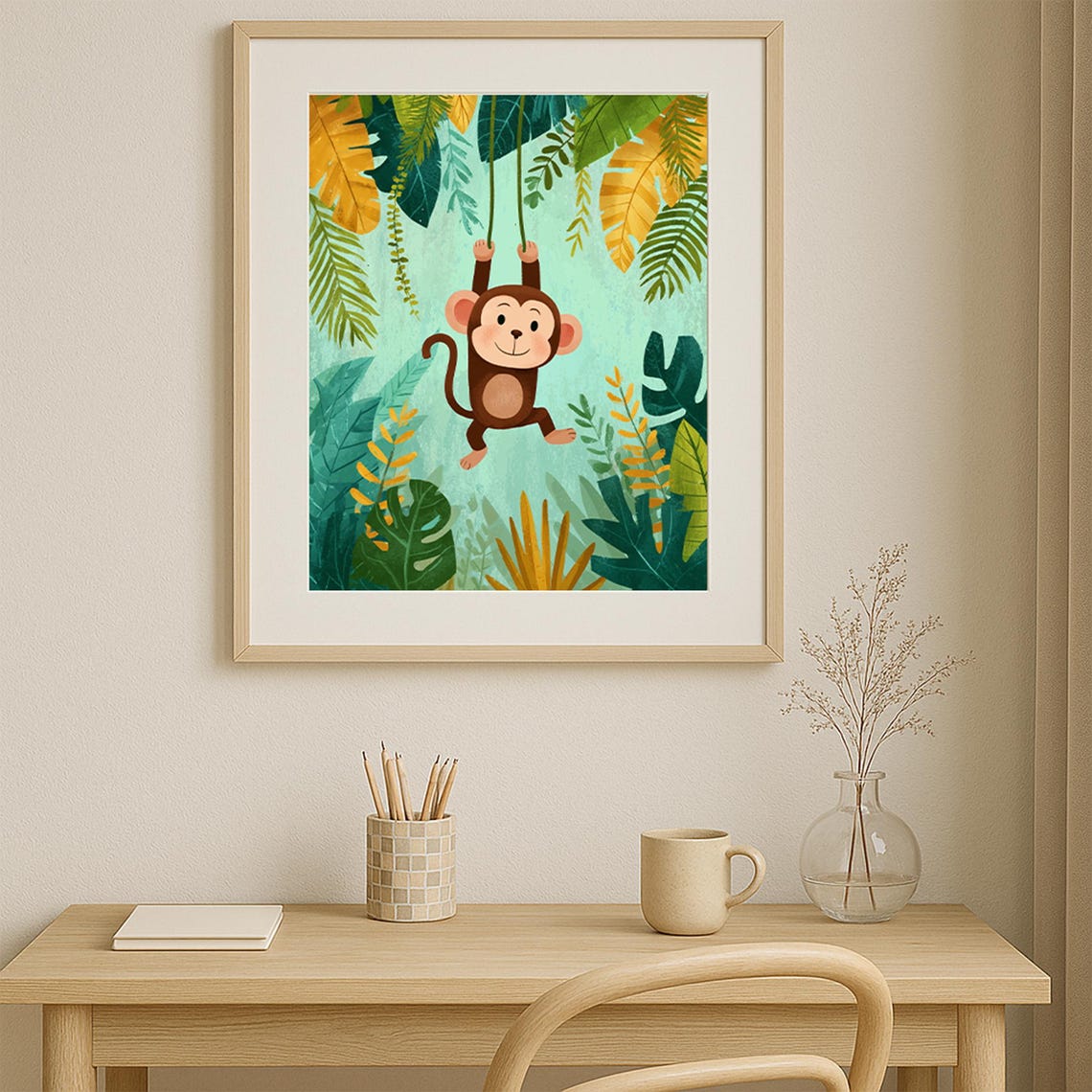 Cute Cartoon Monkey Swinging in a Tropical Jungle Nursery Poster - Image 5
