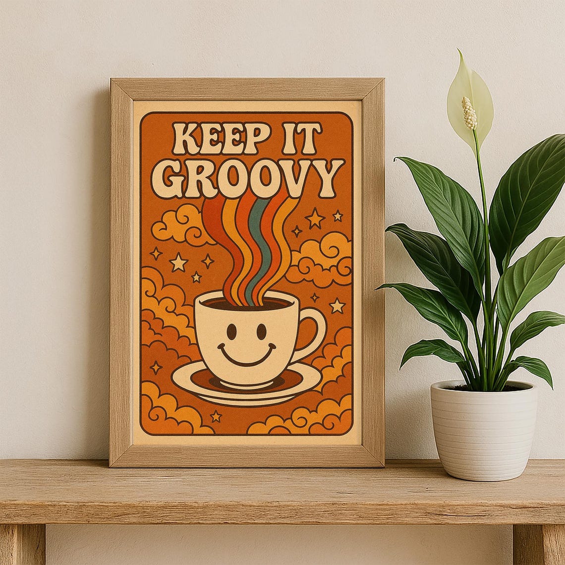 Keep It Groovy Retro 70s Smiley Coffee Cup Steam Rainbow Poster - Image 3