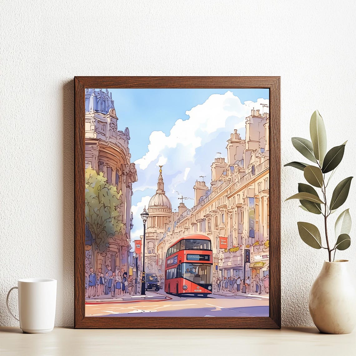 London Red Bus Watercolor Street Scene Iconic City View Poster
