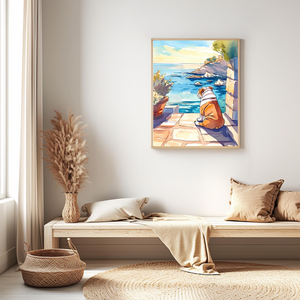 English Bulldog Watercolor Seaside Terrace Coastal View Poster - Image 2