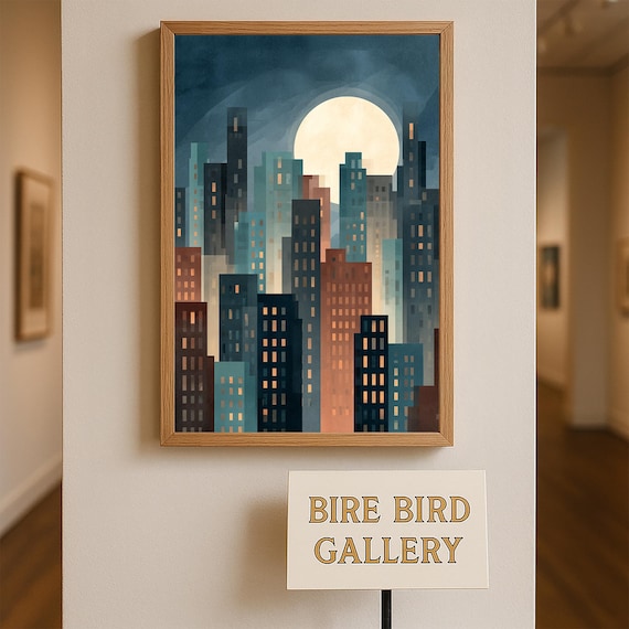 Night City Skyline Full Moon Modern Urban Buildings Art Poster