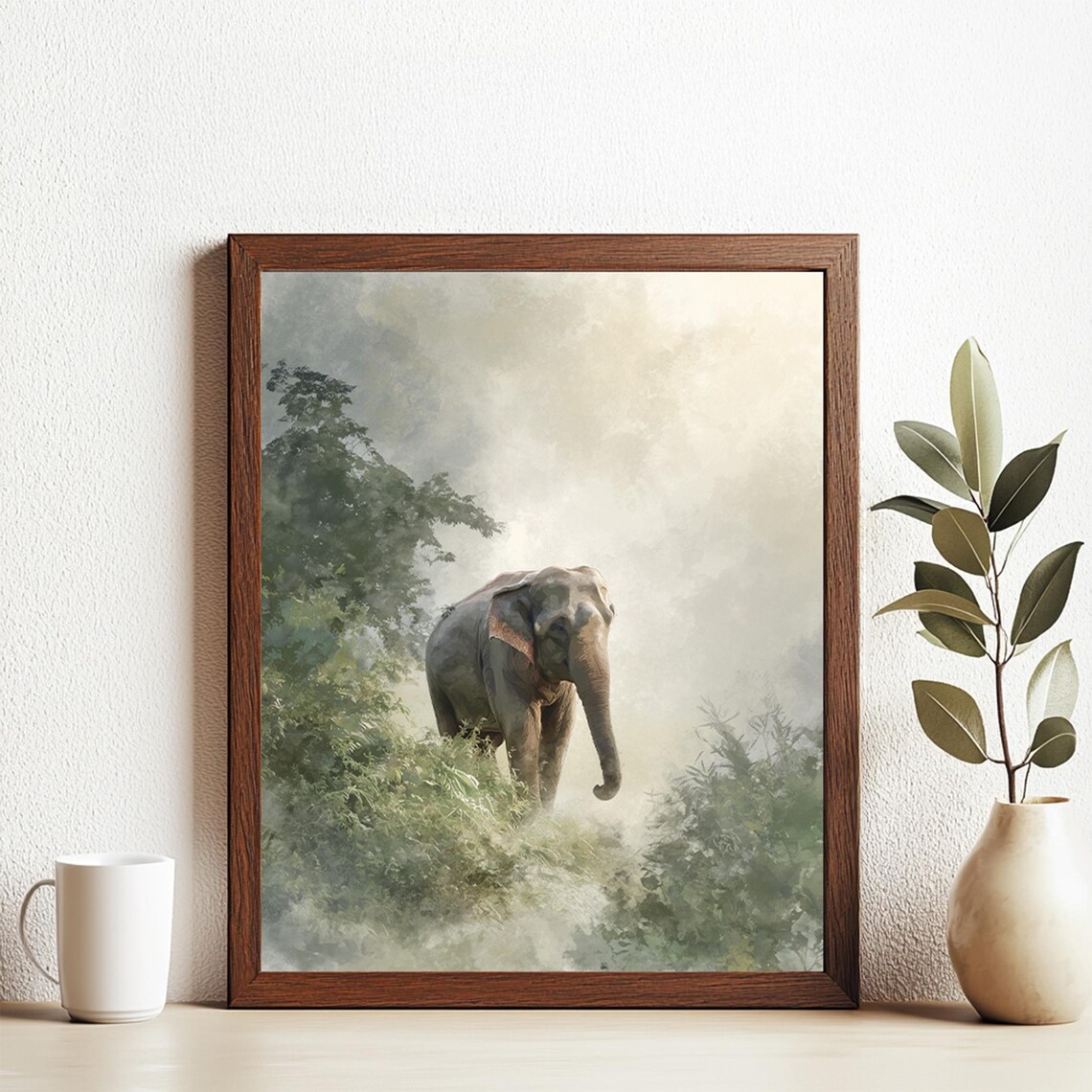 Asian Elephant in Misty Jungle Watercolor Poster Gentle Wildlife Art