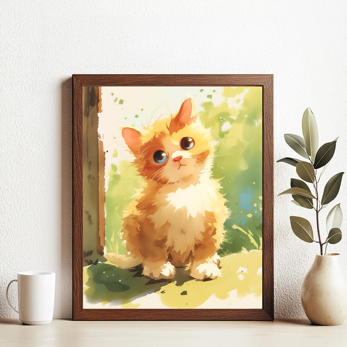 Cute Orange Kitten Watercolor Fluffy Cat Nursery Decor Poster