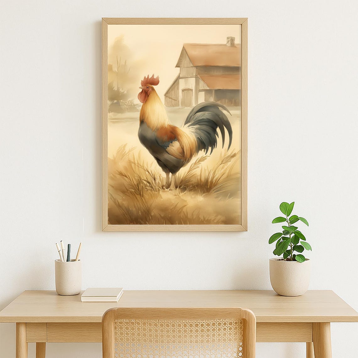 Proud Rooster In Golden Wheat Field With Rustic Barn Watercolor Poster - Image 4