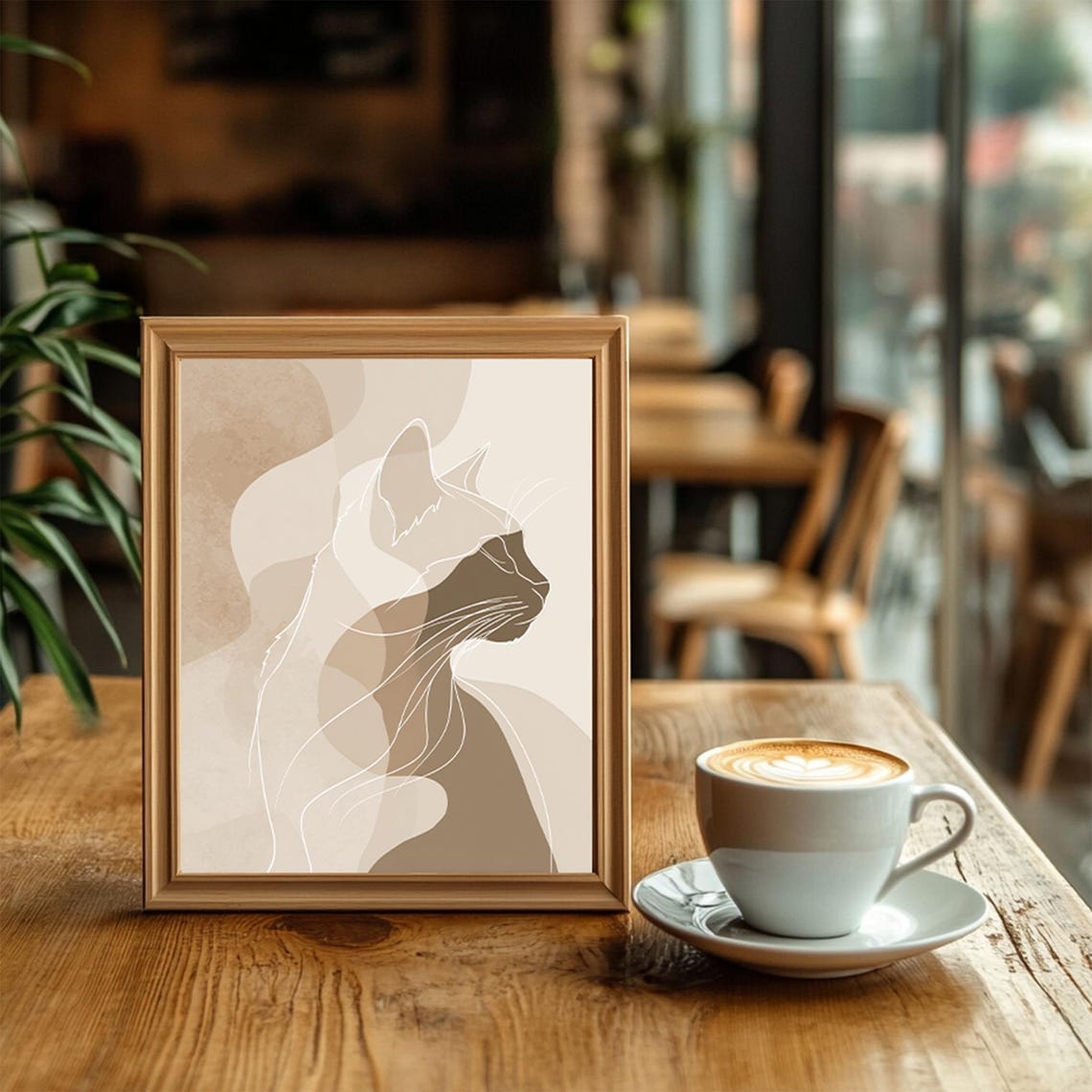 Minimalist Cat Line Art Neutral Beige Abstract Wall Decor Poster - Image 2